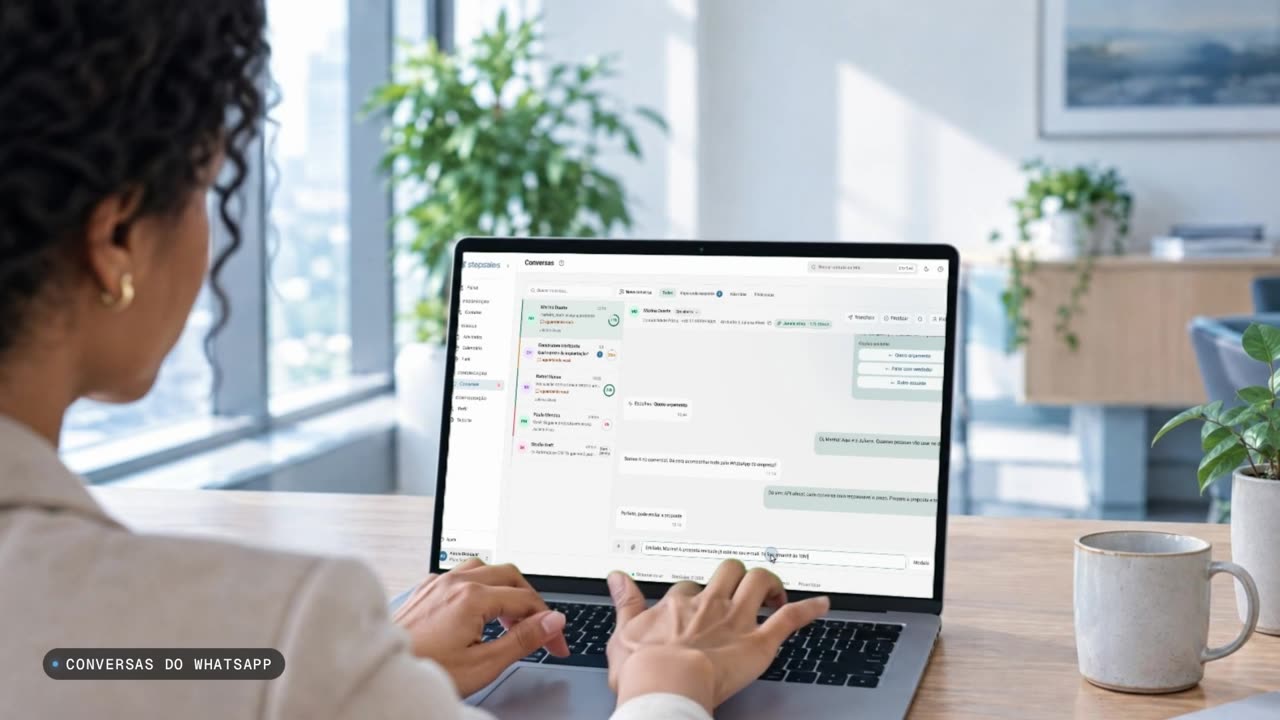 Vídeo da StepSales com dados fictícios: a vendedora responde no WhatsApp, cria uma tarefa e move o contato no funil; o gestor vê o painel do time, ajusta permissões e troca entre os temas claro e escuro