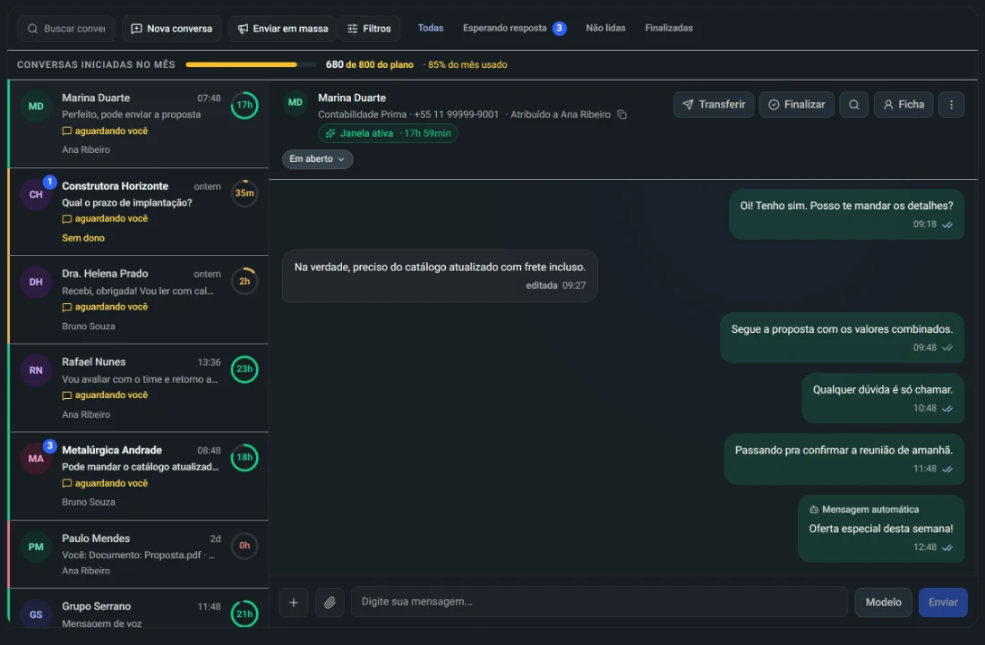 Caixa de conversas do WhatsApp com o prazo de 24 horas de cada conversa (dados fictícios)