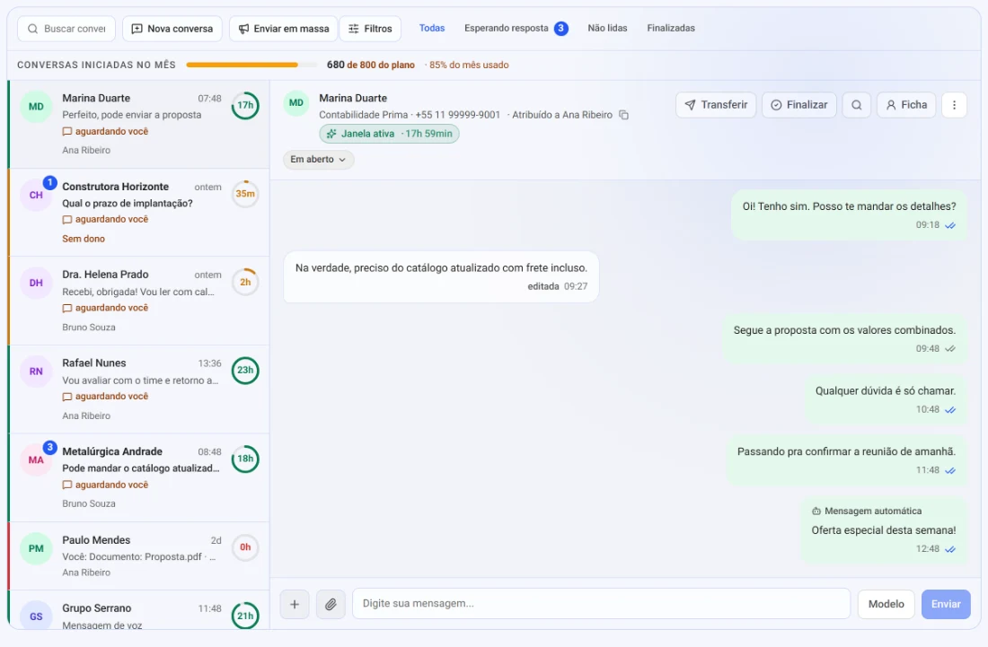 Caixa de conversas do WhatsApp com o prazo de 24 horas de cada conversa (dados fictícios)