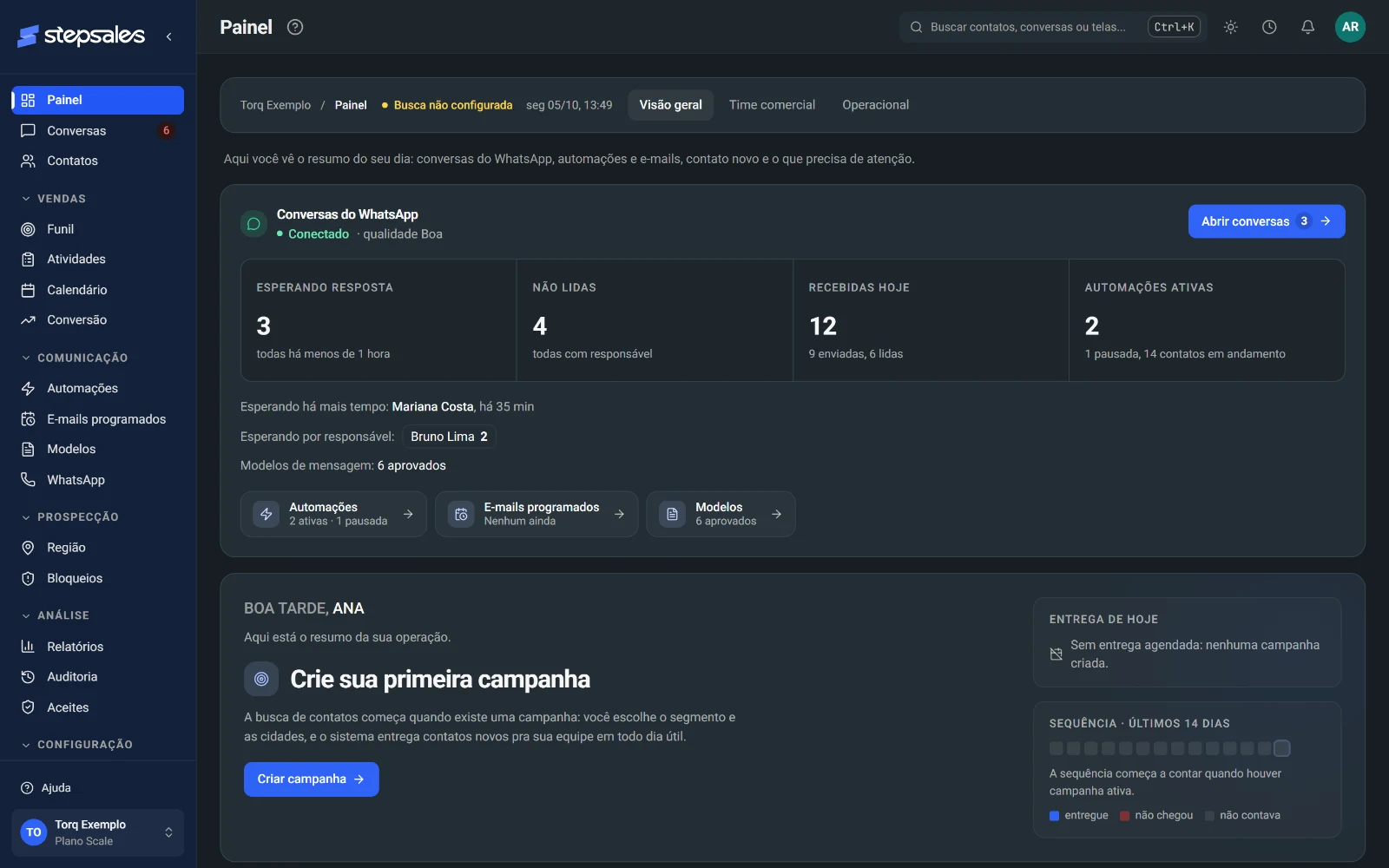 Painel da vendedora na StepSales: contato do dia, tarefas e metas (dados fictícios)