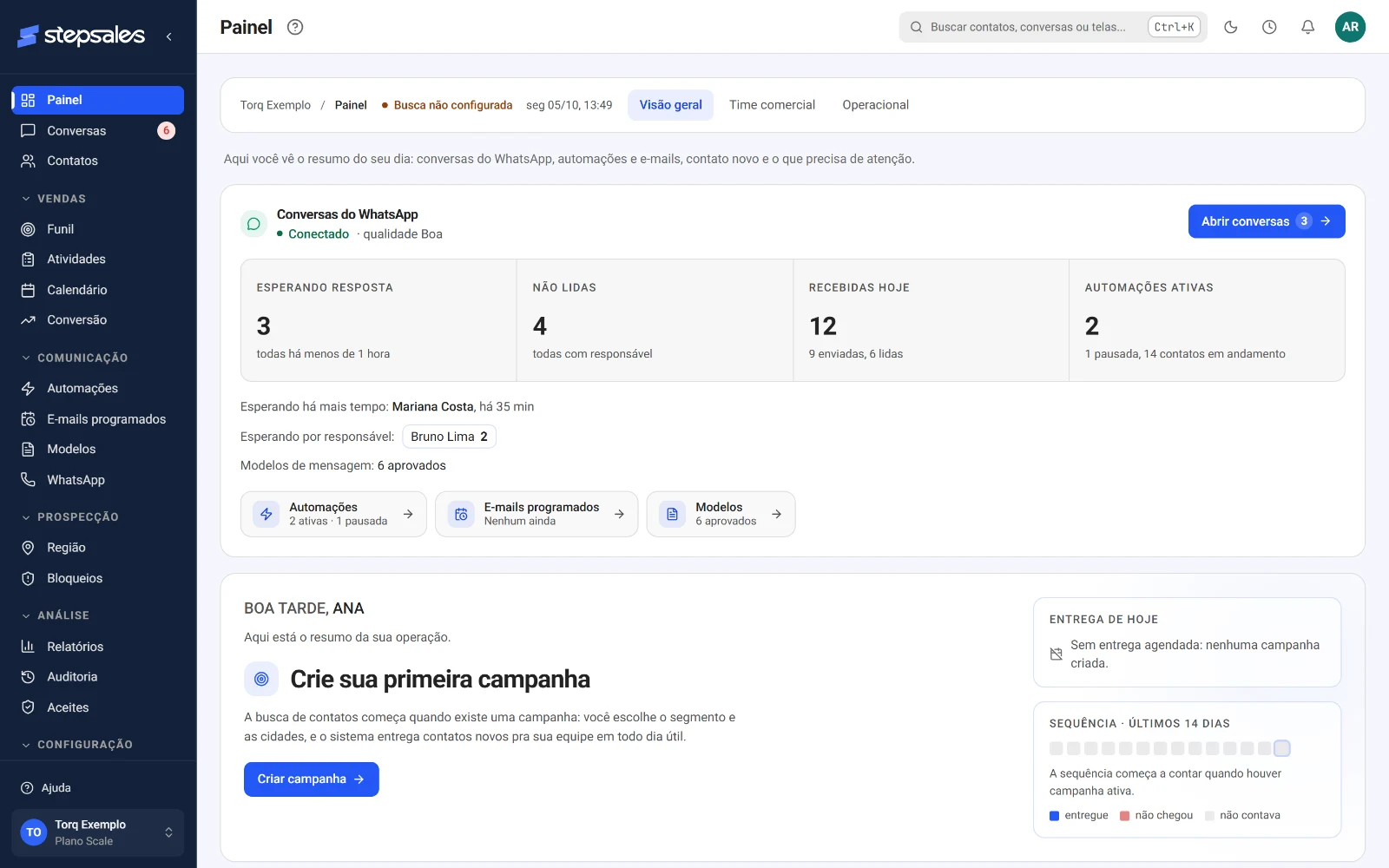 Painel da vendedora na StepSales: contato do dia, tarefas e metas (dados fictícios)